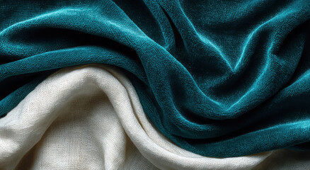 Poster - Luxurious Teal Velvet and Linen Cloth Draped Together, Representing High-End Comfort and Textile Design
