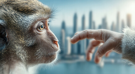 Poster - Monkey Reaching Out to Touch a Human Finger Against a Cityscape, Symbolizing Connection and Shared Future Opportunities