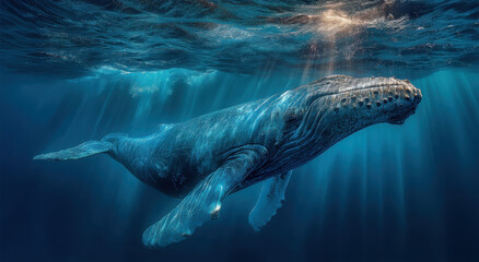 Aufkleber - Humpback Whale Swimming Gracefully Undersea With Sun Rays, Showcasing Marine Conservation and Oceanography