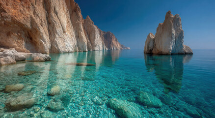 Poster - Crystal Clear Turquoise Water and Rocky Cliffs on Tropical Island, Ideal for Travel Destination Marketing and Ecotourism Promotion