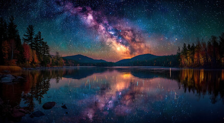 Poster - Milky Way Reflection Over Calm Lake at Night, Showcasing Serenity and Environmental Conservation for Nature Tourism Marketing Campaigns