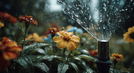 Poster - Sprinkler Watering Yellow Flowers in Garden, Showcasing Summer Hydration and Environmental Responsibility in Backyard Gardening