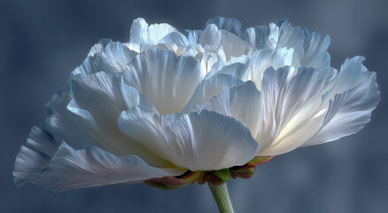 Poster - Close-Up of a White Peony Flower Against a Dark Background, Symbolizing Purity and New Beginnings for Floral Design Projects