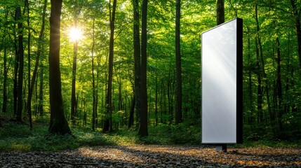 Wall Mural - a large reflective panel stands amidst tall, lush green trees, capturing sunlight. the peaceful fore