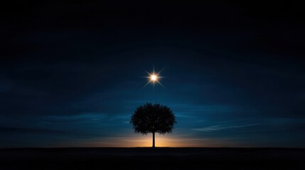 Wall Mural - A bright star glows in the night sky just above a single tree silhouetted against the horizon during twilight. The scene captures a moment of calmness and beauty.