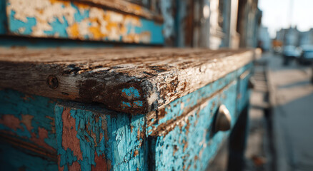 Aufkleber - Weathered Blue Wooden Table with Peeling Paint on City Street, Depicting Urban Decay and Material Texture for Architectural Design Projects