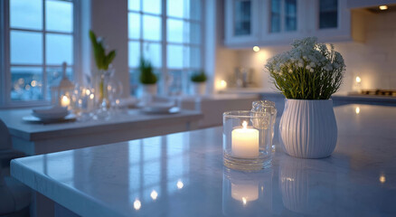Poster - Candlelit Kitchen Interior at Dusk, Evoking Serenity and Home Decor Inspiration for Interior Design Projects and Peaceful Lifestyle Content