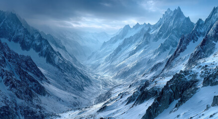 Poster - Snowy Mountain Range Valley Under a Cloudy Sky, Showcasing Adventure Travel and the Beauty of Nature for Tourism Marketing
