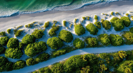 Poster - Aerial View of Tropical Beach With Green Bushes, Showcasing Vacation Destination and Environmental Conservation Efforts