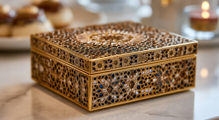 Fototapete - Ornate Golden Box on Marble Surface, Symbolizing Luxury Lifestyle and Gift Giving Occasions, With Dessert and Candle in Soft Focus Background