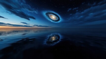 Wall Mural - A stunning view of the night sky shows a galaxy hovering above calm waters. The vibrant colors of dusk create a serene atmosphere as the galaxy reflects on the ocean's surface.