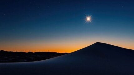 Wall Mural - A stunning view captures the tranquility of a sand dune at sunset, as vibrant colors fill the sky. A bright star shines prominently above the horizon, enhancing the beauty.