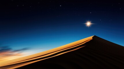 Wall Mural - Golden sand dunes rise under a vast sky filled with stars. The sun sets in the distance, creating beautiful hues and elongated shadows across the landscape.