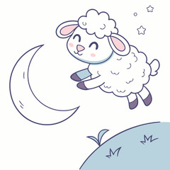 adorable cartoon lamb leaping playfully towards a crescent moon under a starry night sky a perfect s