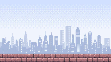 Wall Mural - 8-bit pixel art, 2d video game. vector background. empty city skyline. old video game aesthetic. vid
