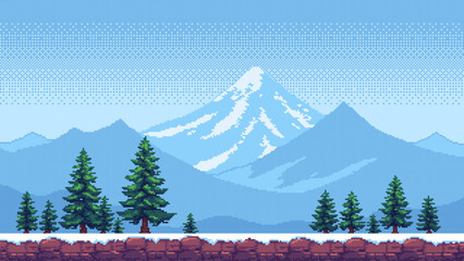 Wall Mural - 8-bit pixel art winter game level background. snowy mountains landscape. side-scrolling game. vector