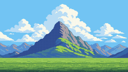 Wall Mural - 8-bit pixel art game level background. high mountain landscape. 2d retro video game style. side-scro