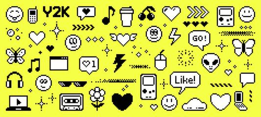 Wall Mural - 8-bit pixel art y2k icons. social media and internet. vector graphics. retro video game aesthetic. 9