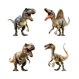 dinosaur on Transparent Background concept. Four distinct T. rex models showcasing varied colors and expressions, each roaring dramatically 