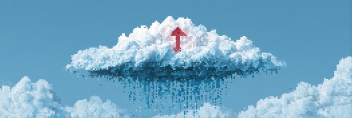 Aufkleber - Pixelated Cloud With Upload Icon and Rainfall Indicating a Broken Connection in a Digital Landscape