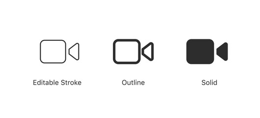 Poster - video camera icon, video call app icon sign for media, streaming, recording and communication app designs in three styles: editable stroke, outline and solid