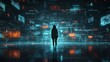 © Moritz - Silhouette of a person standing in a futuristic tunnel of glowing data and technology