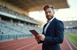 © Vadym - Stylish businessman holds tablet computer at sports stadium. Successful entrepreneur executive in formal suit makes investment at sports arena. Business, finance, sport competition concept.