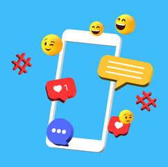 Poster - social media background communication concept. social network icons with smartphone and modern chat message speech bubble icon , 3d funny emoticon emoji - Digital marketing 3d vector illustration