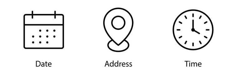 Aufkleber - Address location icon. Stopwatch timer icon. Date Calendar icon - Web icons set . Editable stroke. editable line