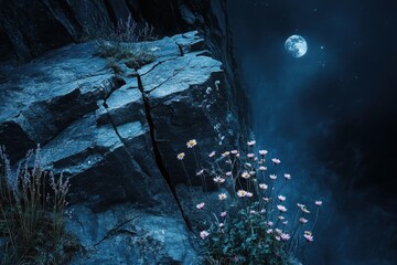 a night landscape with a rocky cliff, wildflowers, and a bright full moon in a starry sky.