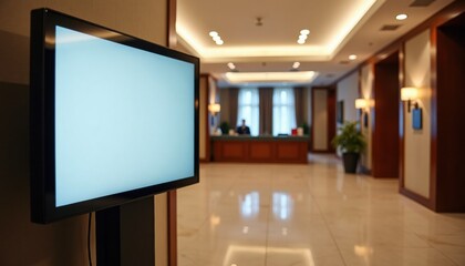 Poster - Digital display in modern hotel lobby during quiet daytime hours  