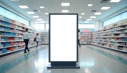 Aufkleber - Blank advertising display in modern pharmacy with shelves  