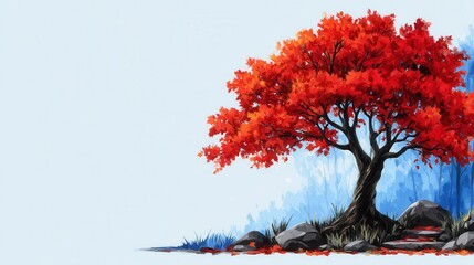 vibrant red autumn tree against a soft blue background. autumnal colors, detailed foliage, serene se