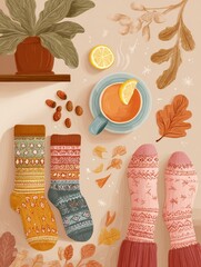 Poster - Cozy Fall Afternoon With Warm Socks, Tea, and Autumn Leaves in a Relaxing Indoor Setting