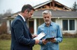 © Vadym - Insurance agent explains policy details to homeowner standing in front of damaged house after severe storm. Man shows documents, uses tablet to discuss repair, rebuild compensation. Financial