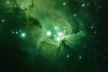 Wall Mural - A mesmerizing green nebula bursts with light, surrounded by countless stars twinkling in the vast expanse of space.