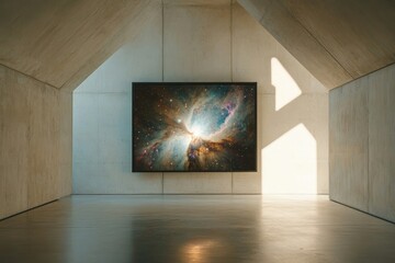 Wall Mural - Minimalist interior with concrete walls featuring a framed nebula print, illuminated by sunlight creating sharp shadows.