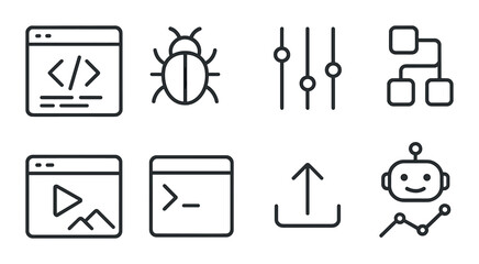 Tech and development icon set: linear style symbols for programming and coding
