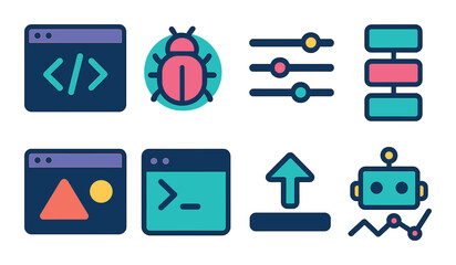 Technology flat icon set. coding, development, and tech symbols in modern design