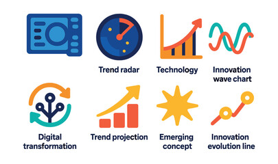 Flat vector icons of future and emerging trends: futuristic interface icon, trend radar, technology curve, innovation wave chart, digital transformation symbol, trend projection arrow, emerging