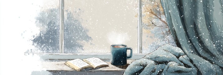 Poster - Cozy Winter Day by a Snowy Window With Hot Chocolate, a Blanket, and a Book