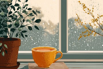 Poster - Cozy Afternoon With Warm Tea on a Rainy Day Beside a Window With Plants Quietly Thriving