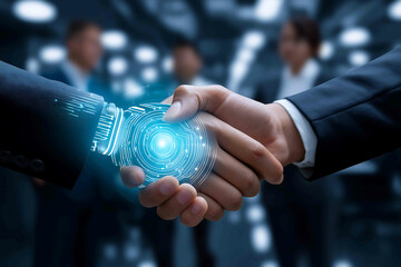business handshake over a hologram with digital technology laptop and connection concept a businessm