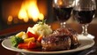 © AGI Studio - A gourmet steak dinner with mashed potatoes, vegetables, and red wine, set by a cozy fireplace.