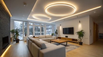 Aufkleber - A modern living room with warm led lighting fixtures illuminating the space efficiently, include a mix of ceiling lights, floor lamps, and under-cabinet lighting for a cozy ambiance