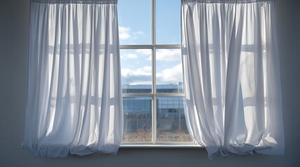 Poster - A temporary white curtain hangs in front of a window, gently swaying in the breeze, the soft fabric partially obscures the view outside, adding a touch of privacy to the room