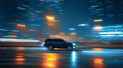 Leinwandbilder - A suv rushes at high speed through the streets of the night city