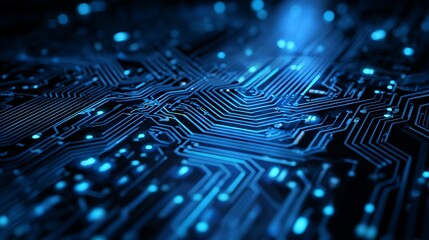 Fototapete - Abstract digital circuit board on blue tech background, circuit connected lines and dots on motherboard, dark tech gradient bg