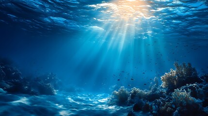 Fototapete - Beautiful blue ocean background with sunlight and undersea scene