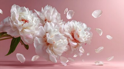 Poster - Beautiful white peony flowers and petals in flight against a light pink pastel background with copy space, a creative floral layout for spring, spring blossom backdrop
